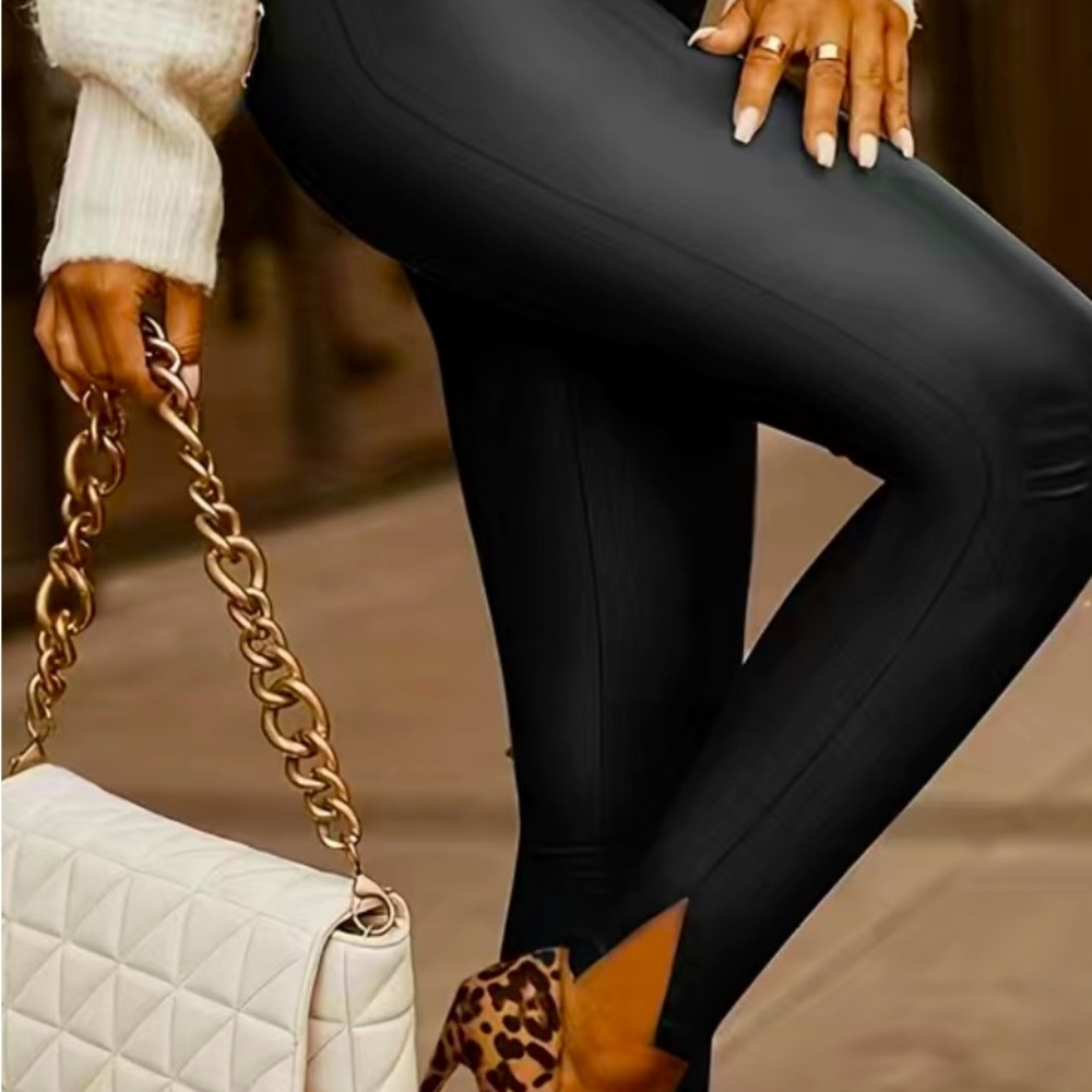 Solid high skinny leggings.Elegant split,Black extra large